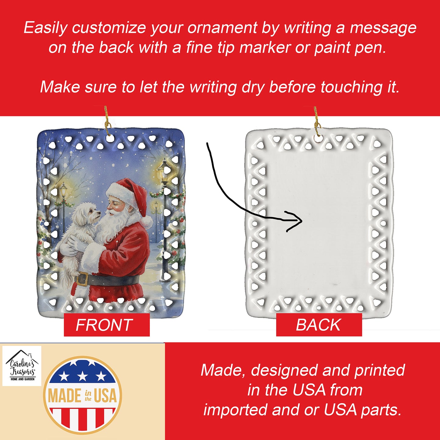 Maltese with Santa Claus Porcelain Ornament