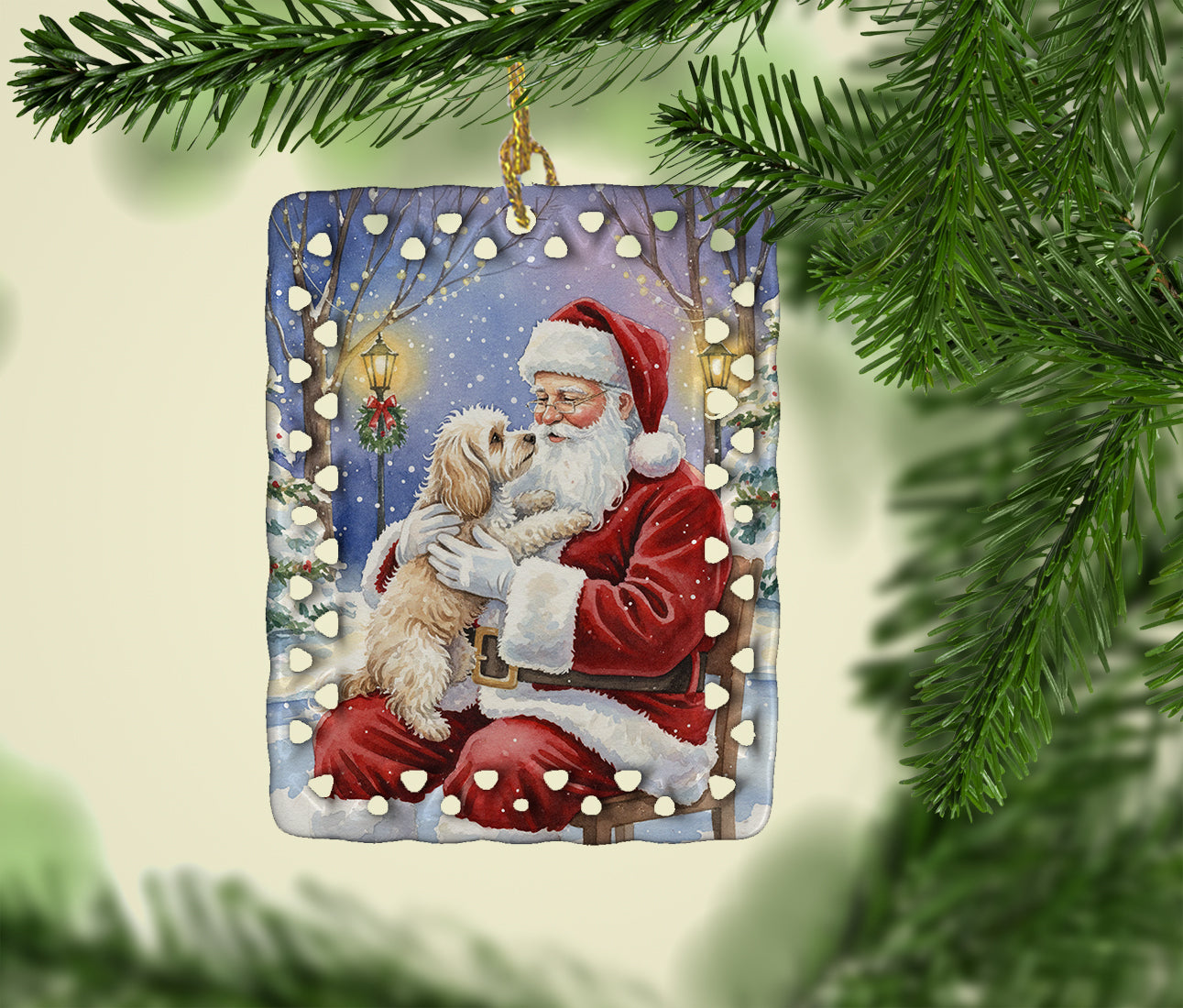 Maltipoo with Santa Claus Porcelain Ornament