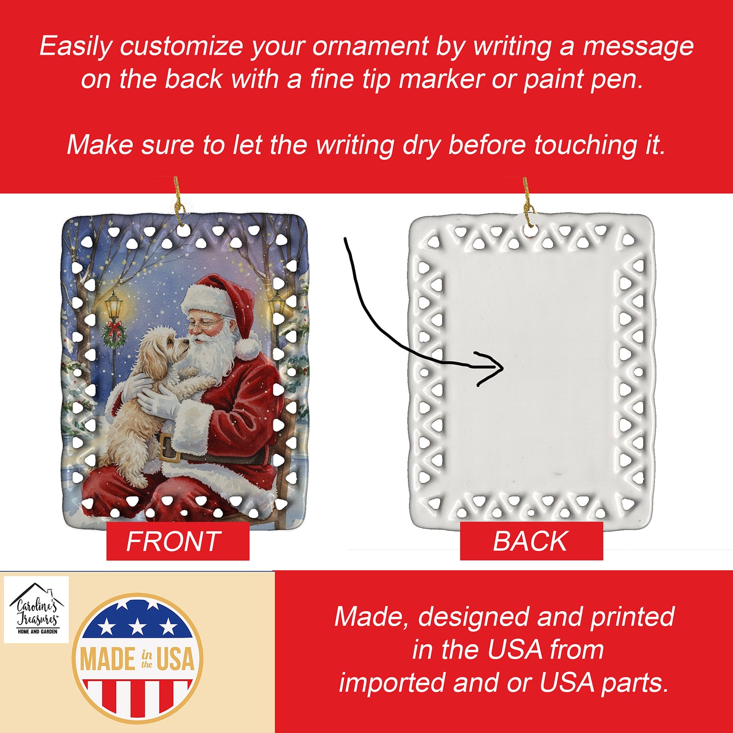 Maltipoo with Santa Claus Porcelain Ornament