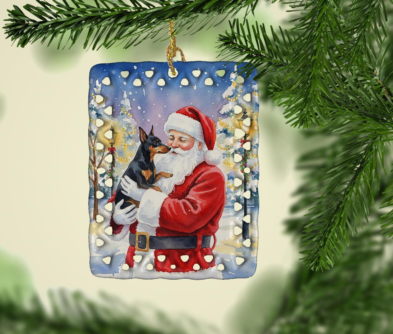 Manchester Terrier with Santa Claus Porcelain Ornament