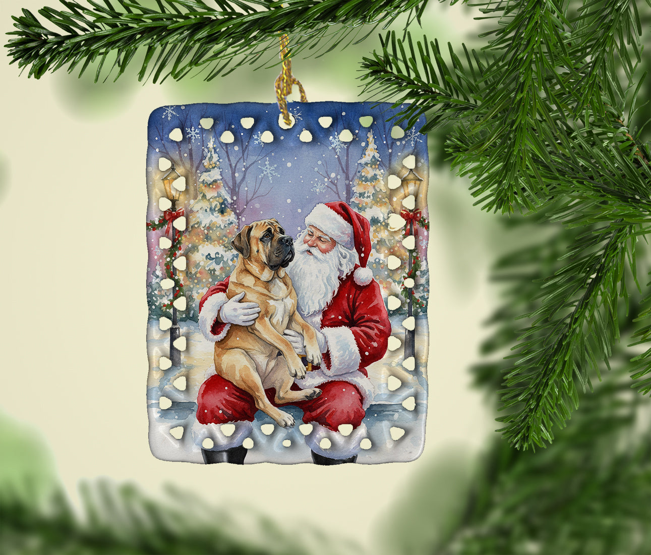 Mastiff with Santa Claus Porcelain Ornament