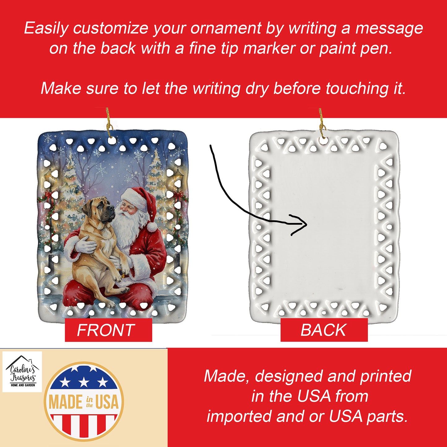 Mastiff with Santa Claus Porcelain Ornament