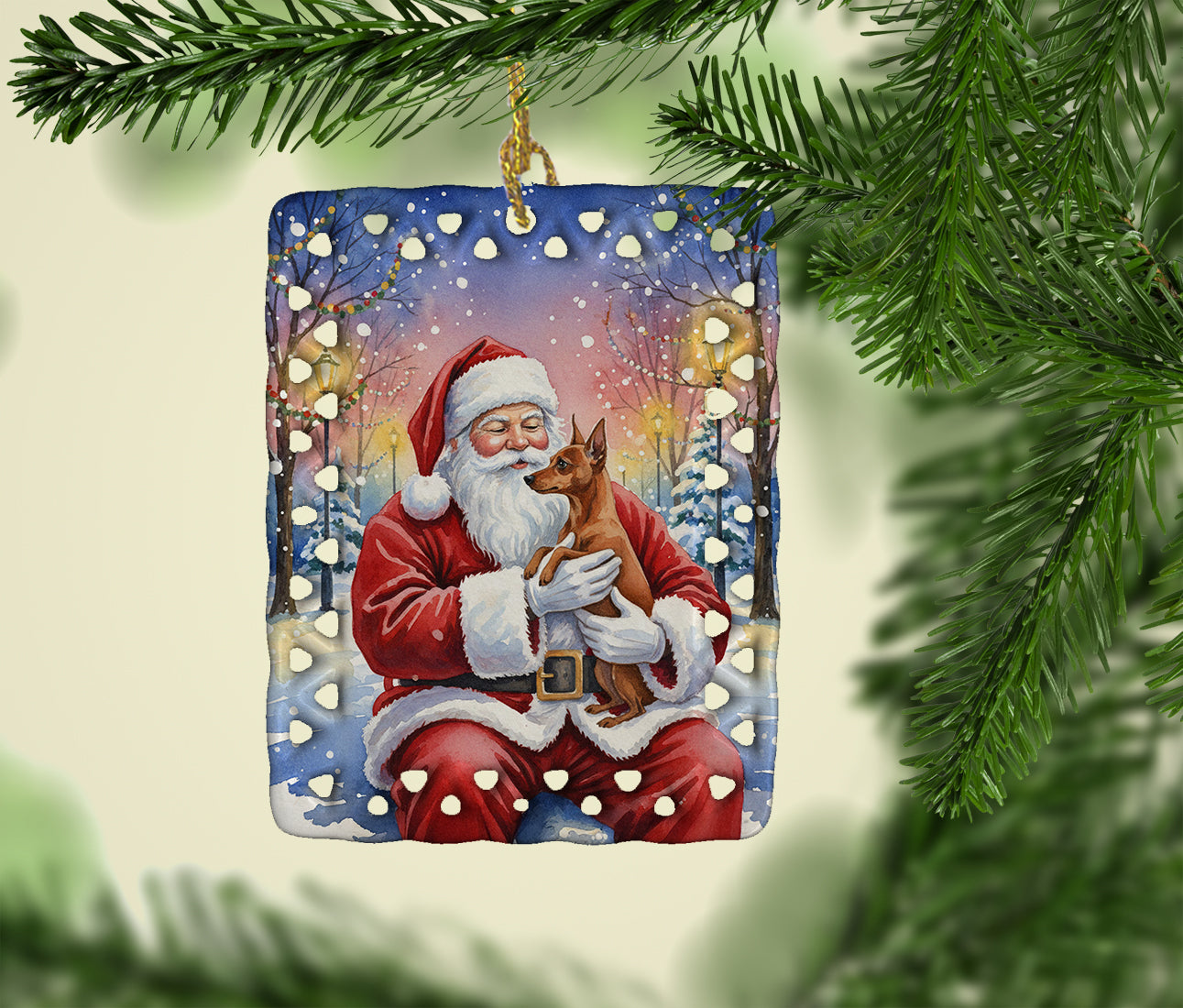 Red Miniature Pinscher with Santa Claus Porcelain Ornament