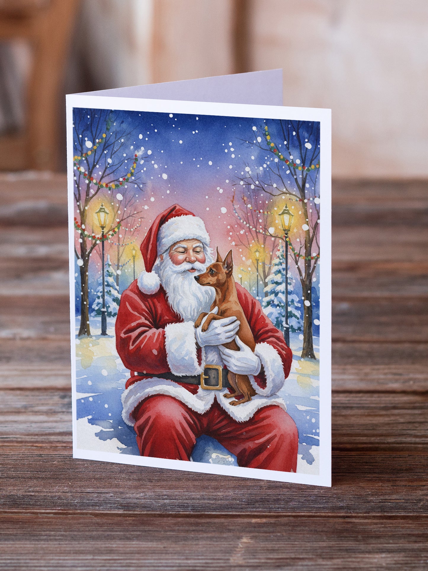 Red Miniature Pinscher with Santa Claus Greeting Cards Pack of 8