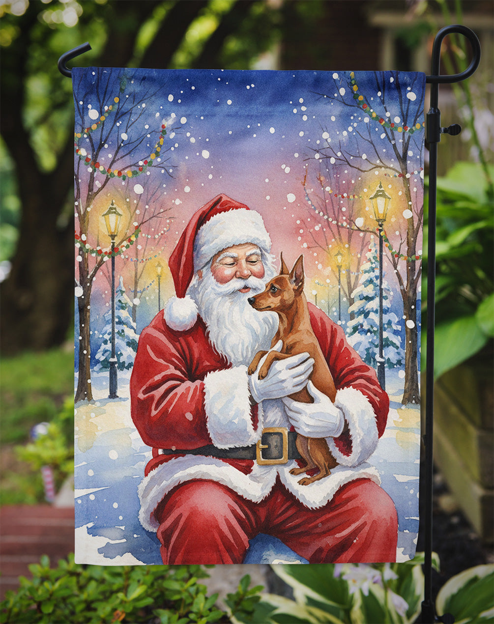 Red Miniature Pinscher with Santa Claus Garden Flag