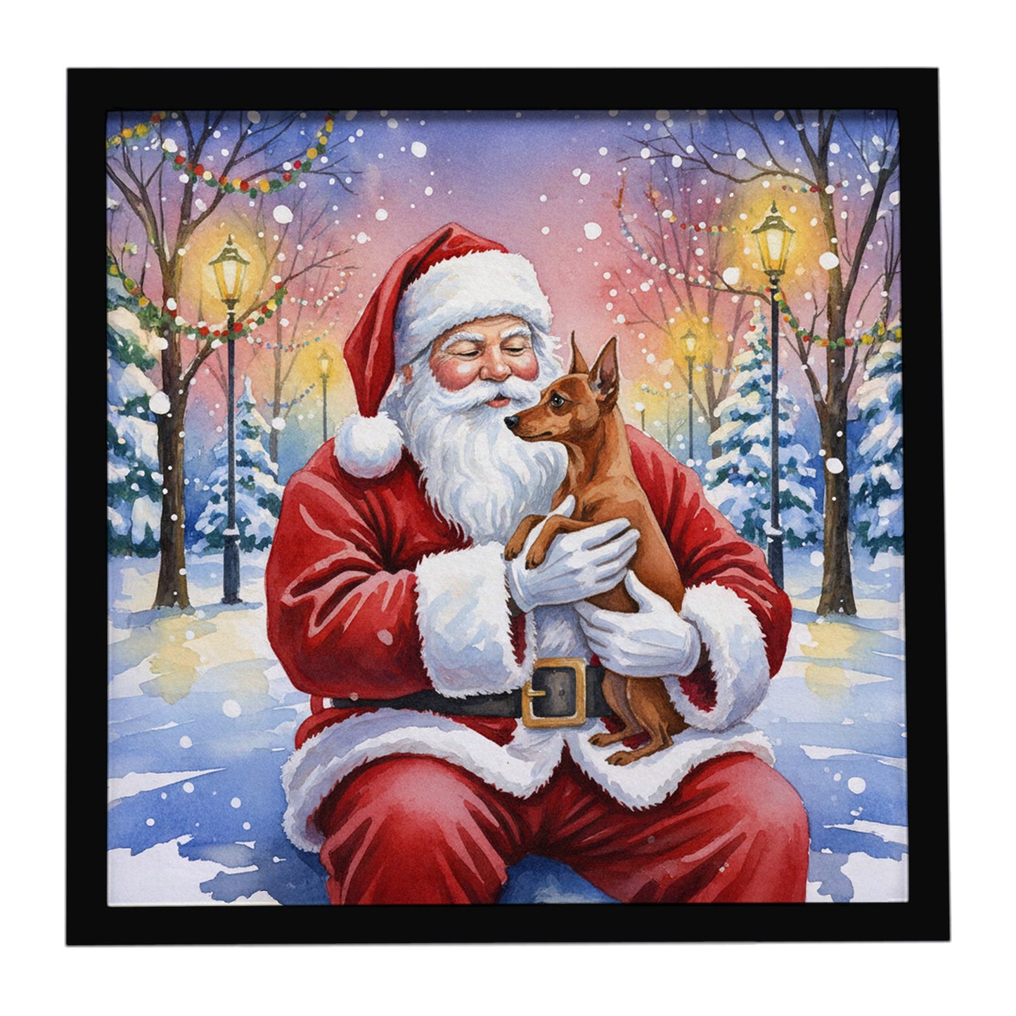 Buy this Red Miniature Pinscher with Santa Claus Framed Metal Print