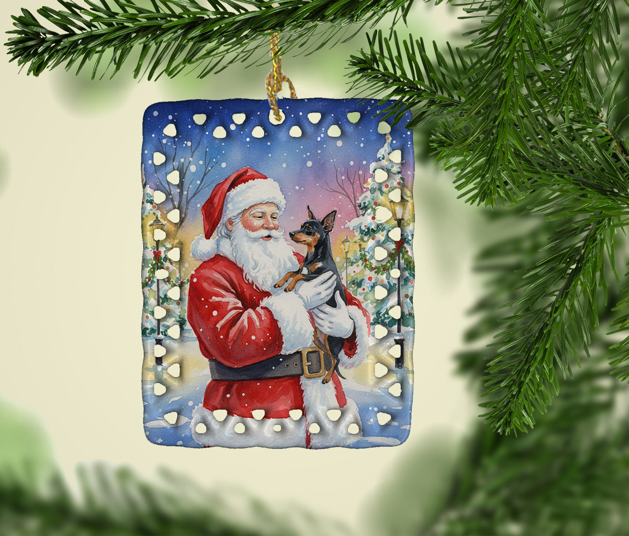 Miniature Pinscher with Santa Claus Porcelain Ornament