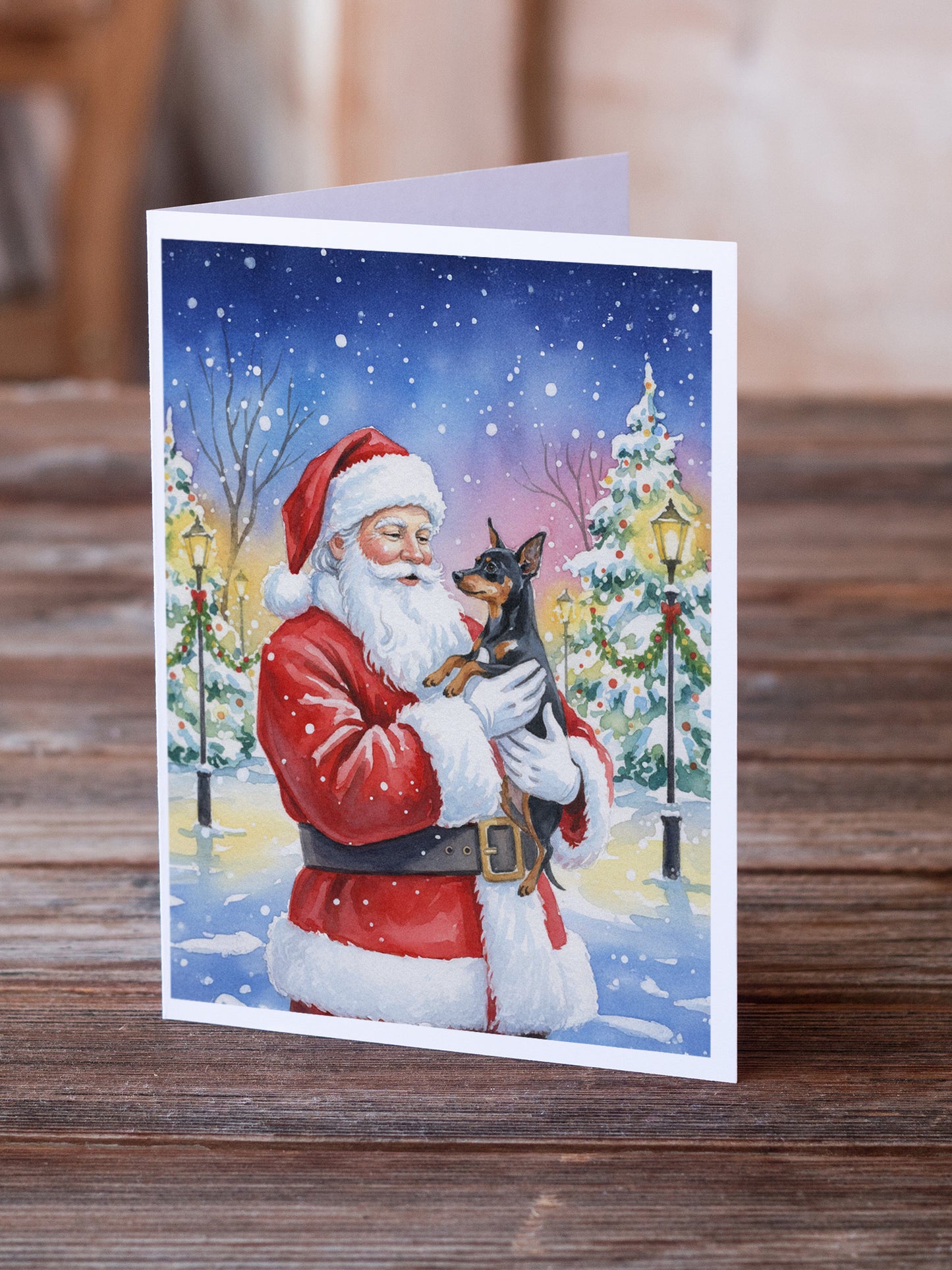 Miniature Pinscher with Santa Claus Greeting Cards Pack of 8