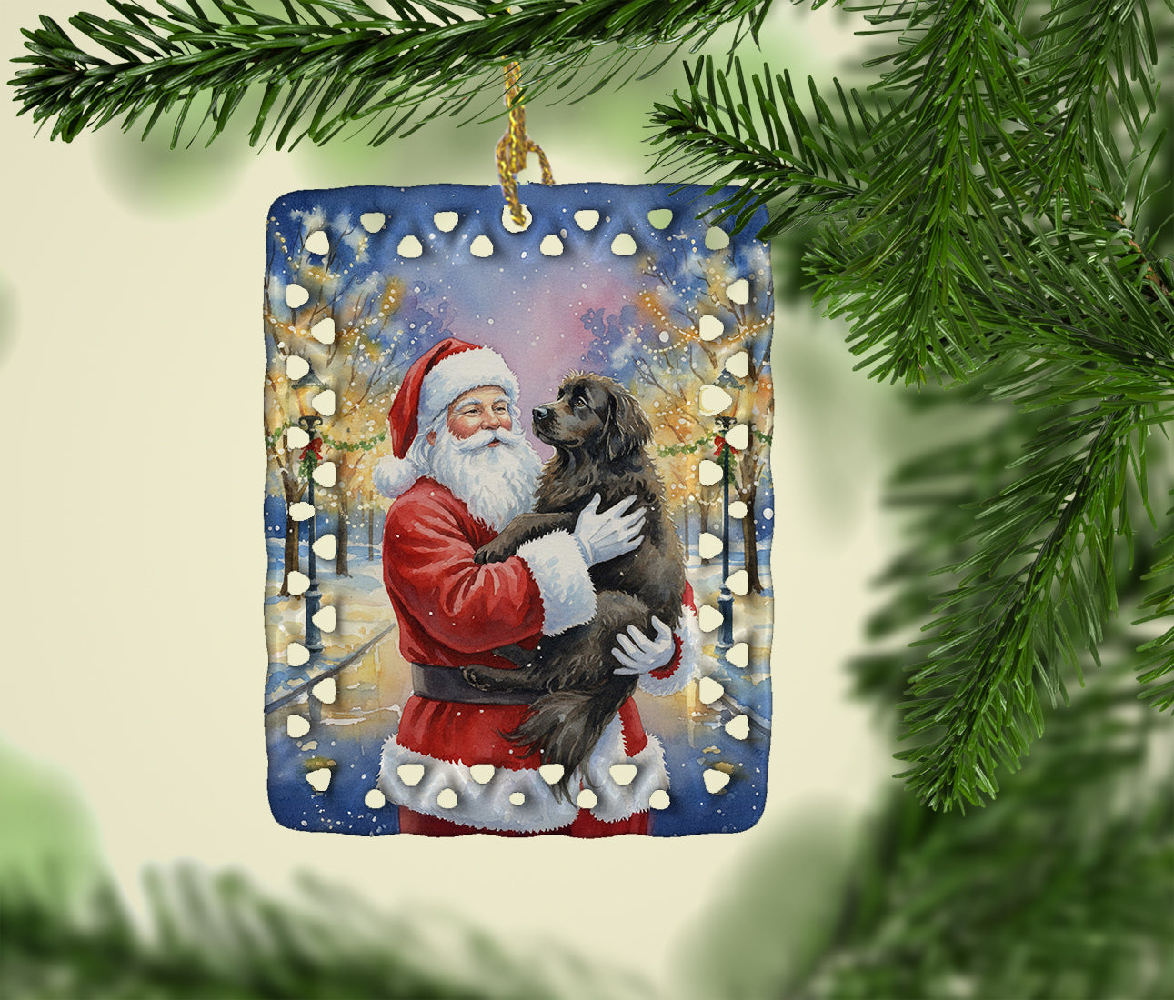 Newfoundland with Santa Claus Porcelain Ornament