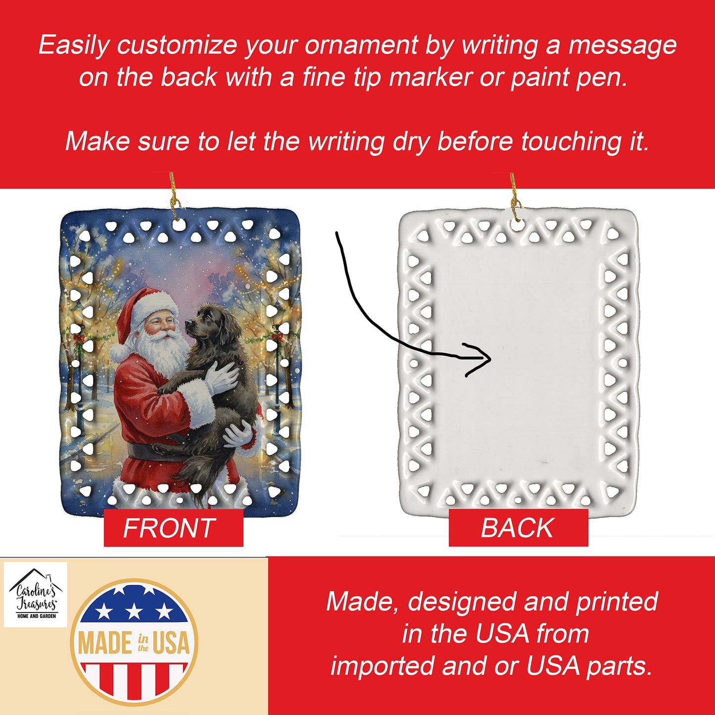 Newfoundland with Santa Claus Porcelain Ornament