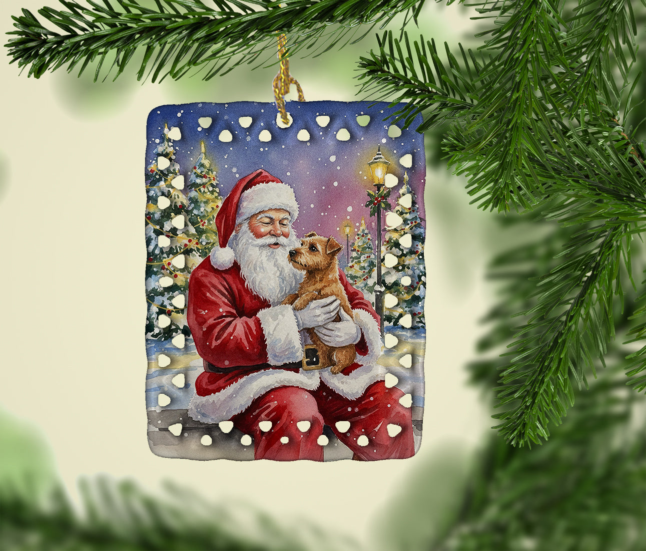 Norfolk Terrier with Santa Claus Porcelain Ornament