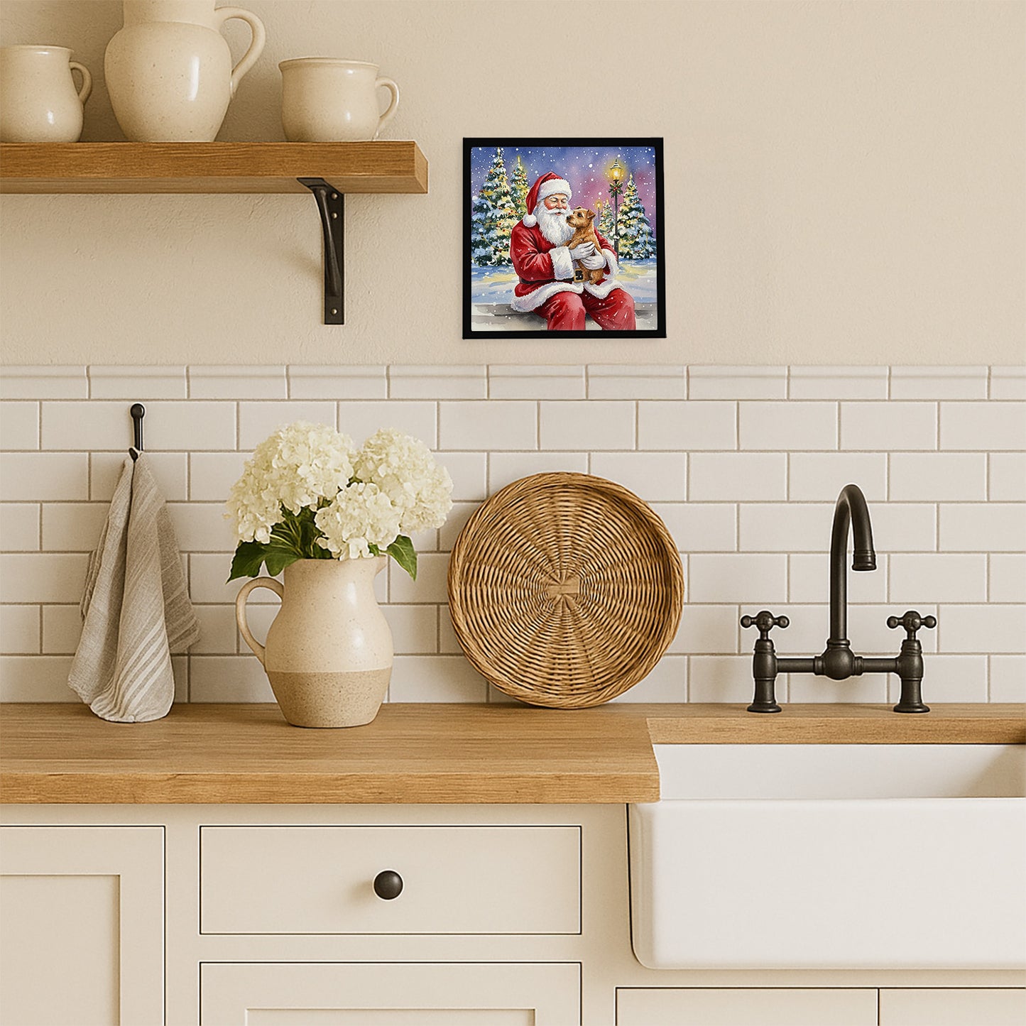 Norfolk Terrier with Santa Claus Framed Metal Print