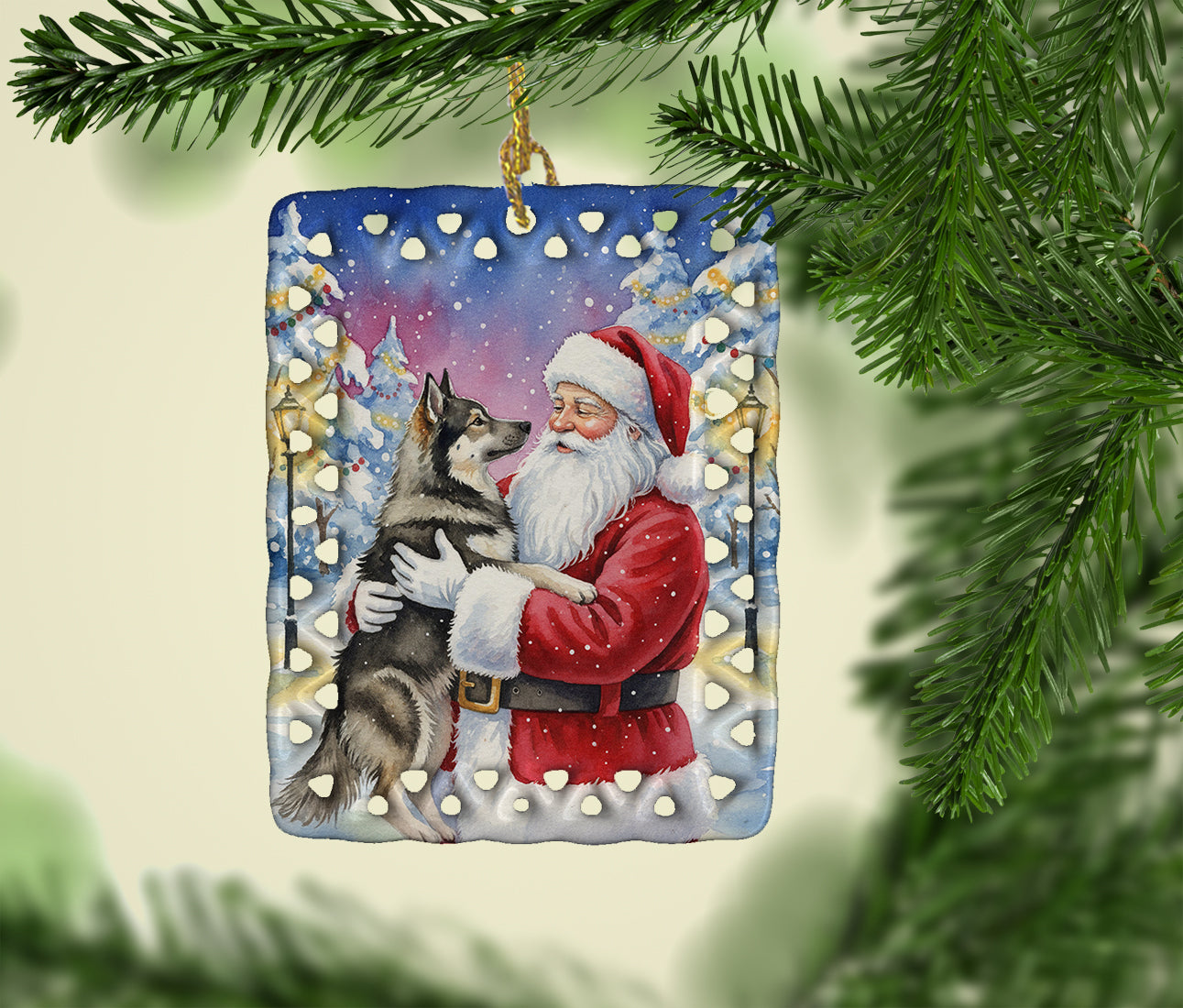 Norwegian Elkhound with Santa Claus Porcelain Ornament