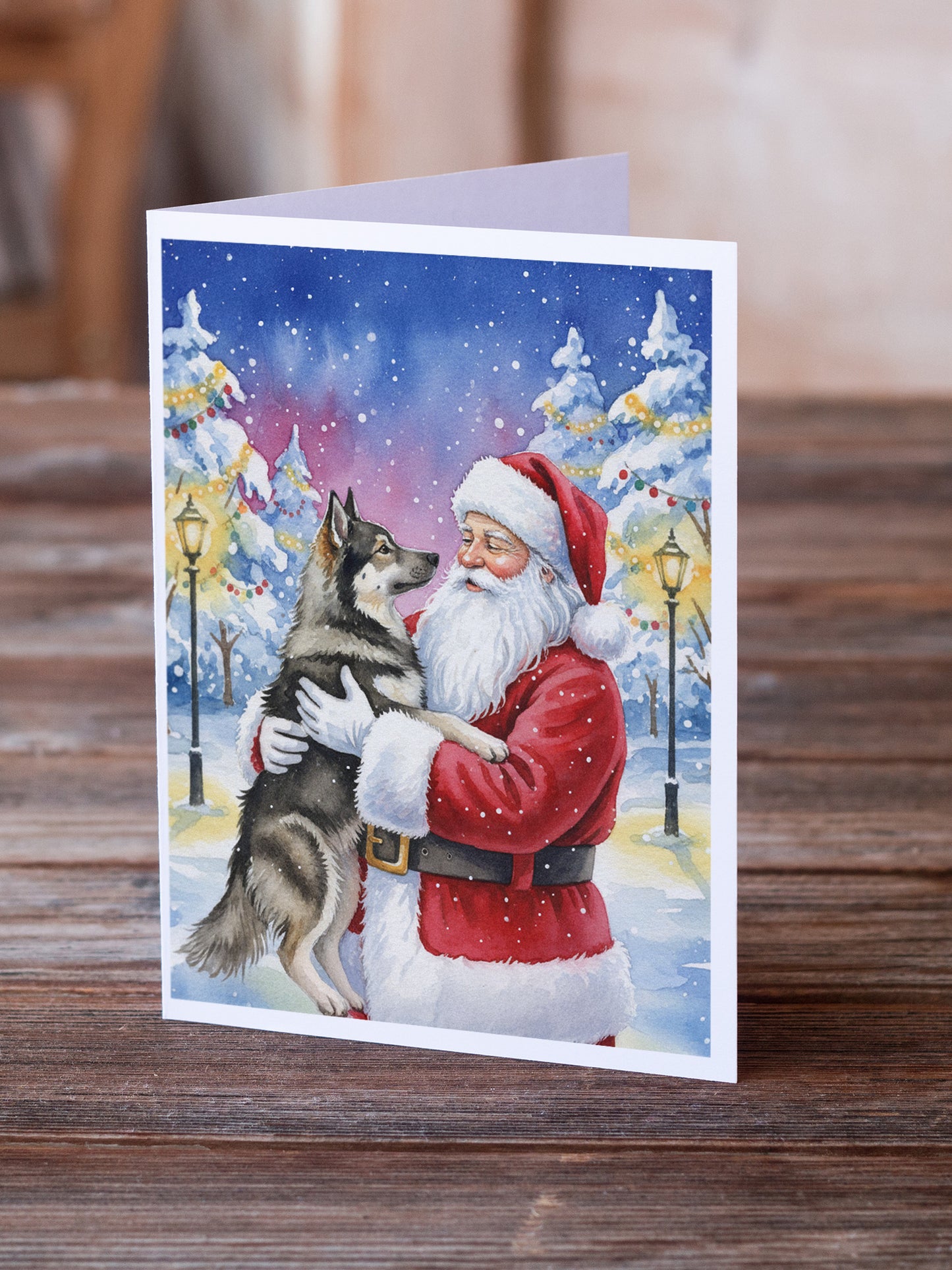 Norwegian Elkhound with Santa Claus Greeting Cards Pack of 8