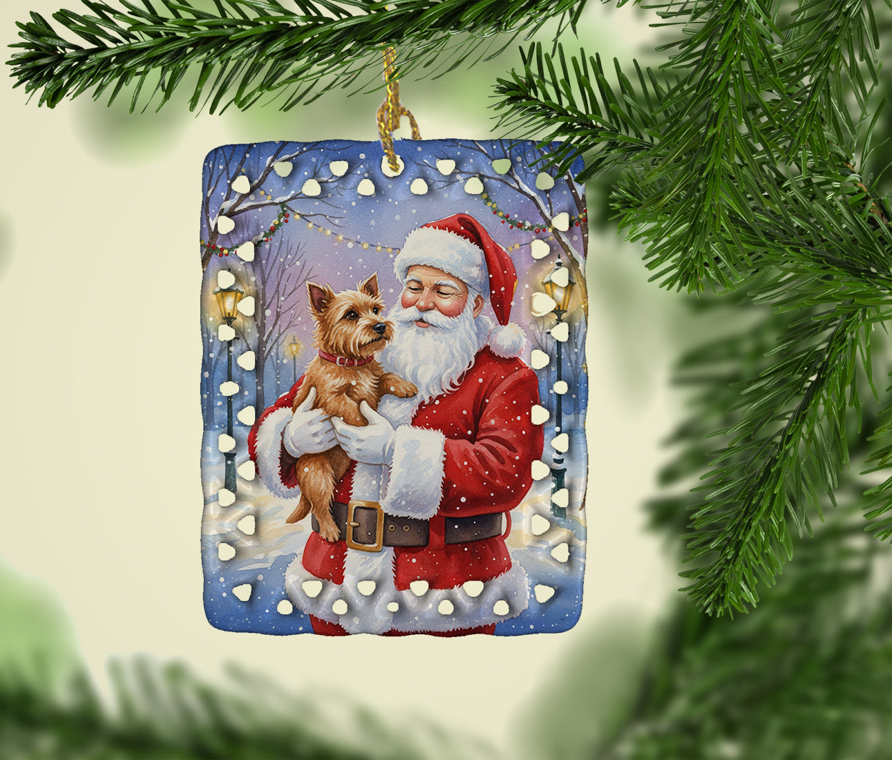 Norwich Terrier with Santa Claus Porcelain Ornament