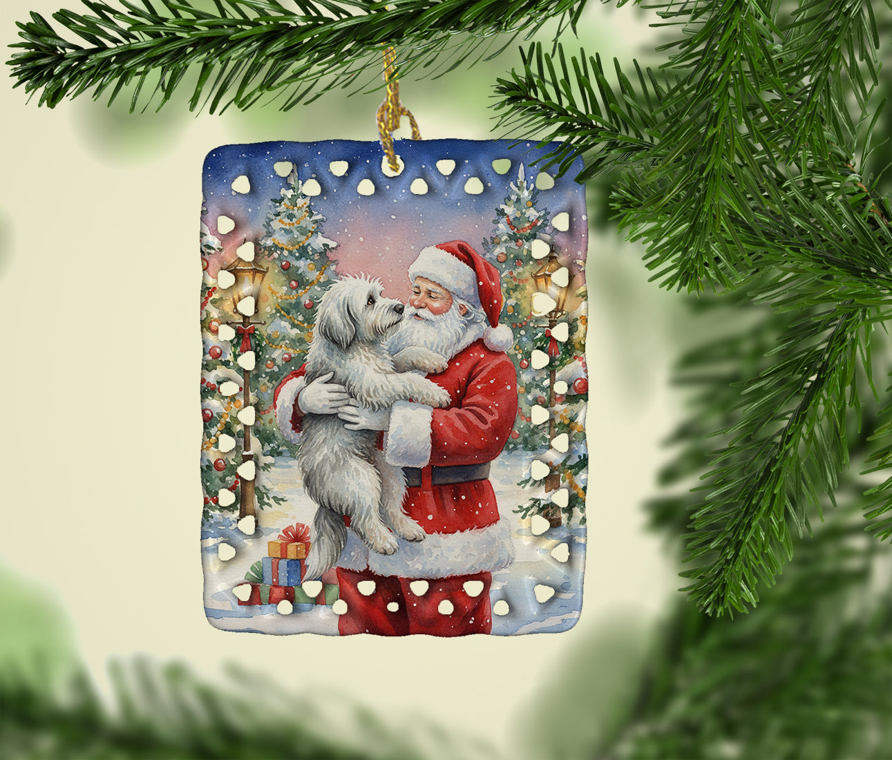 Old English Sheepdog with Santa Claus Porcelain Ornament