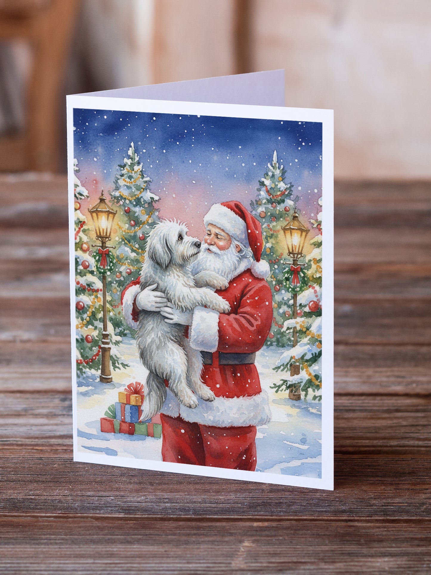 Old English Sheepdog with Santa Claus Greeting Cards Pack of 8