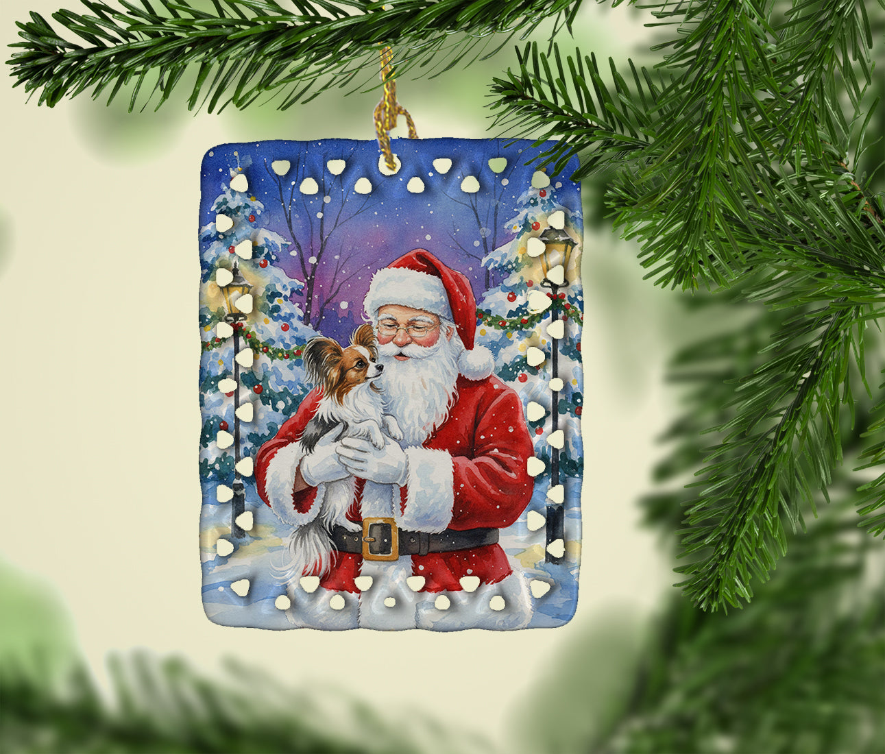 Papillon with Santa Claus Porcelain Ornament