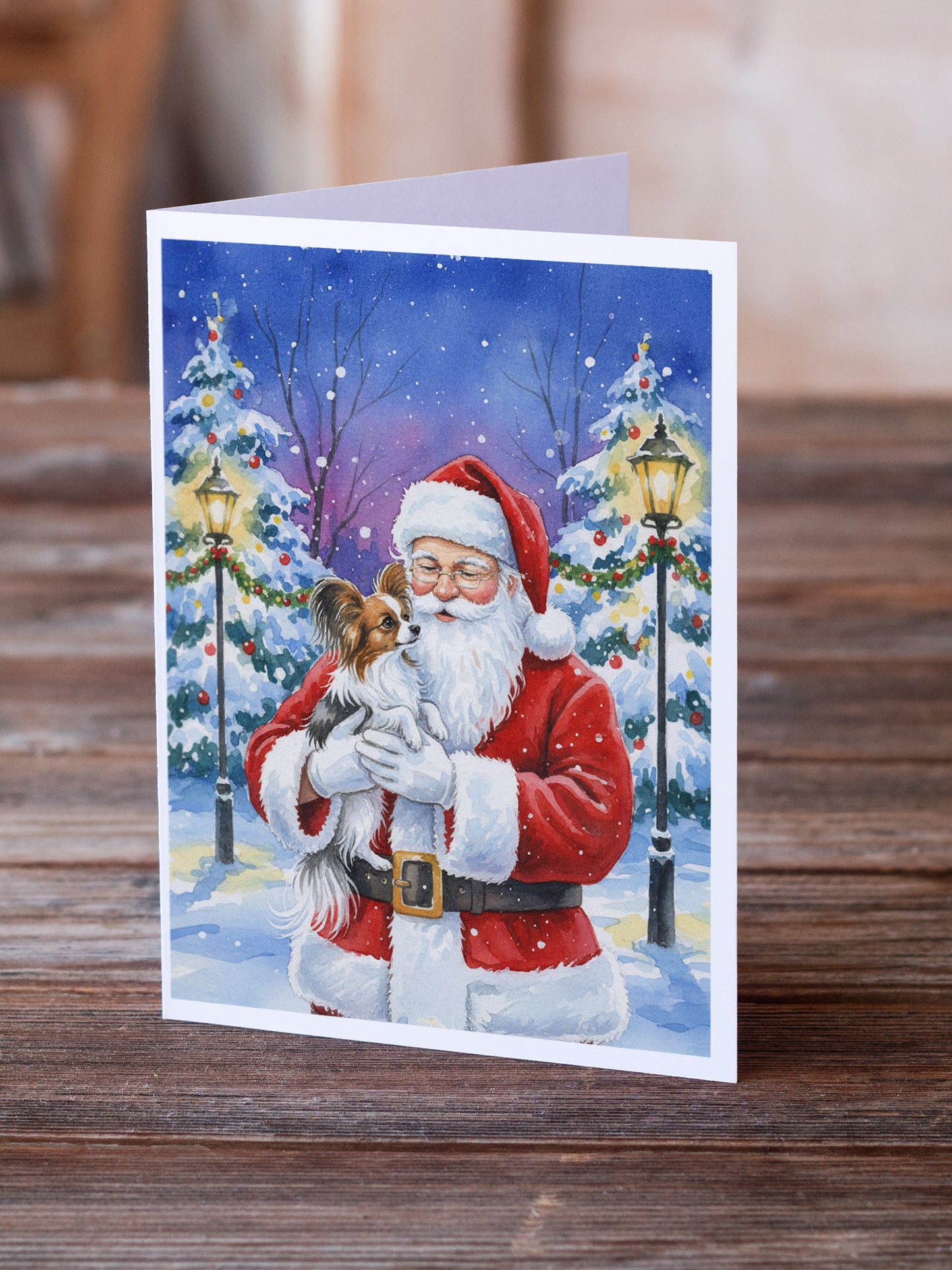 Papillon with Santa Claus Greeting Cards Pack of 8