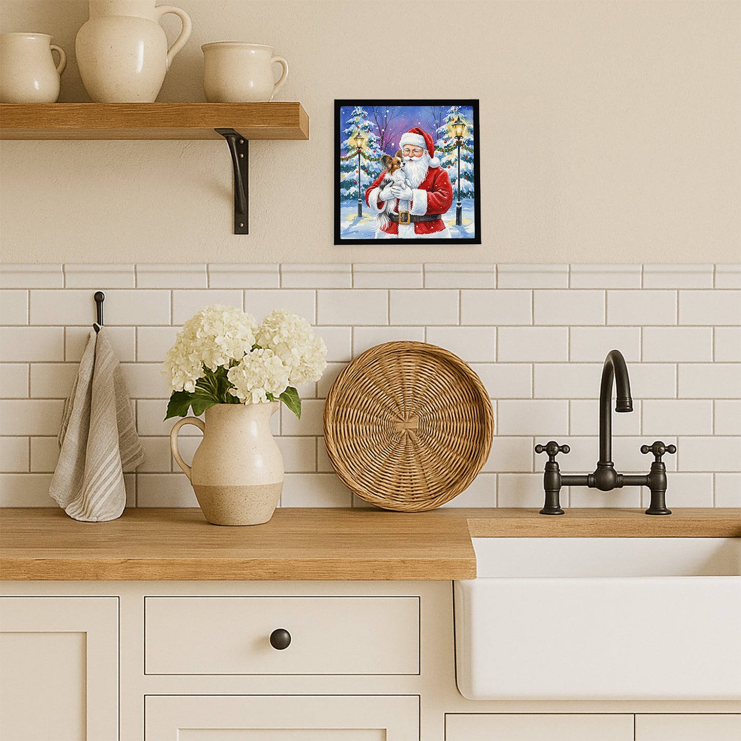 Papillon with Santa Claus Framed Metal Print