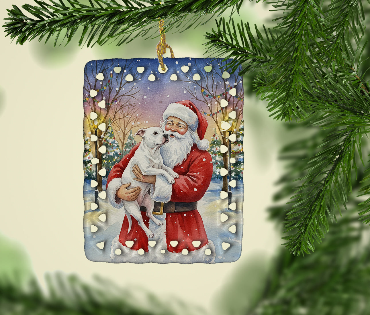 White Pit Bull Terrier with Santa Claus Porcelain Ornament