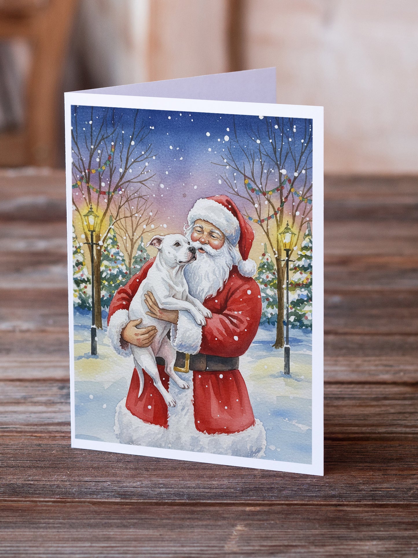 White Pit Bull Terrier with Santa Claus Greeting Cards Pack of 8