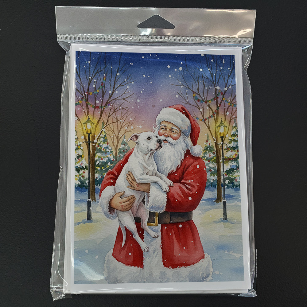 White Pit Bull Terrier with Santa Claus Greeting Cards Pack of 8