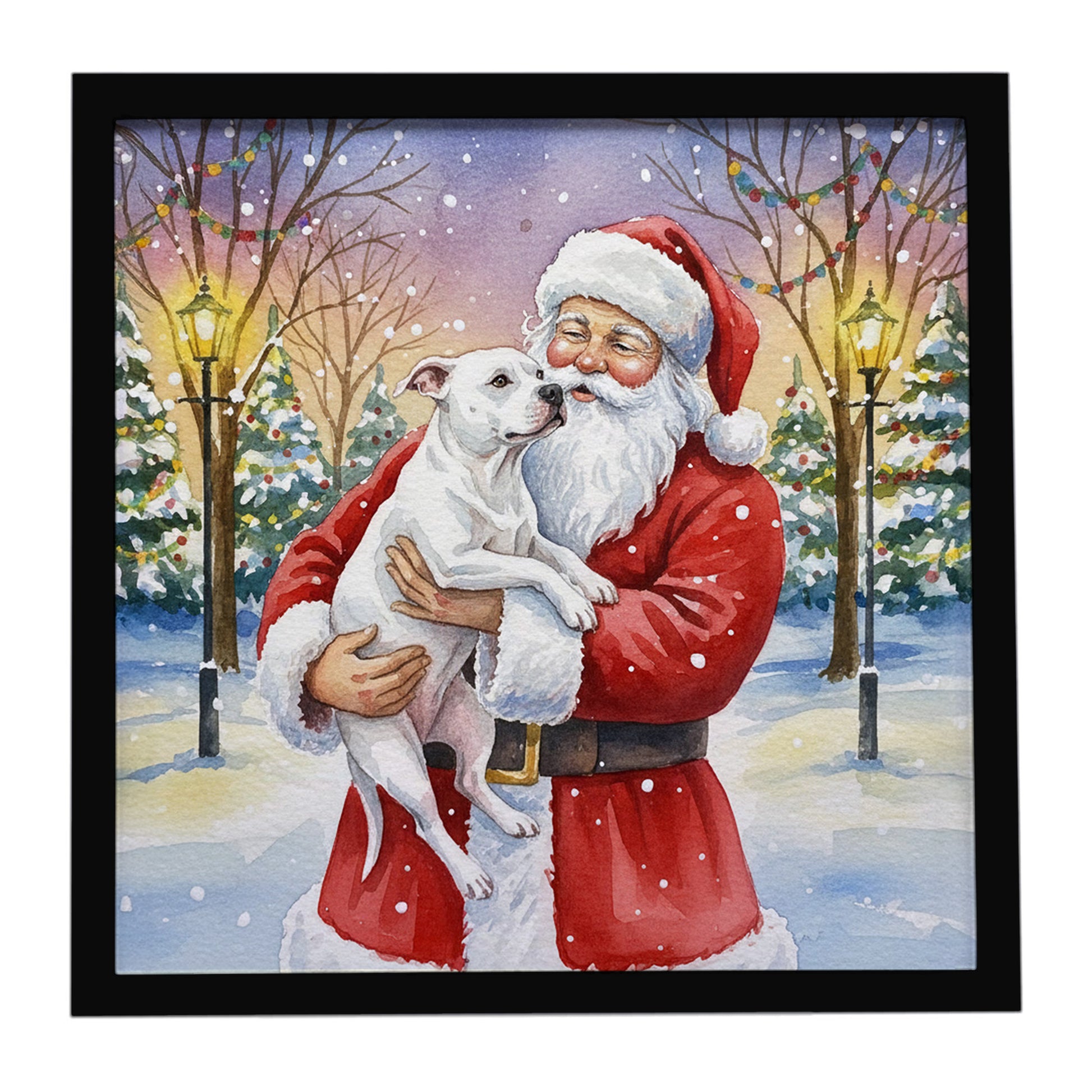 Buy this White Pit Bull Terrier with Santa Claus Framed Metal Print