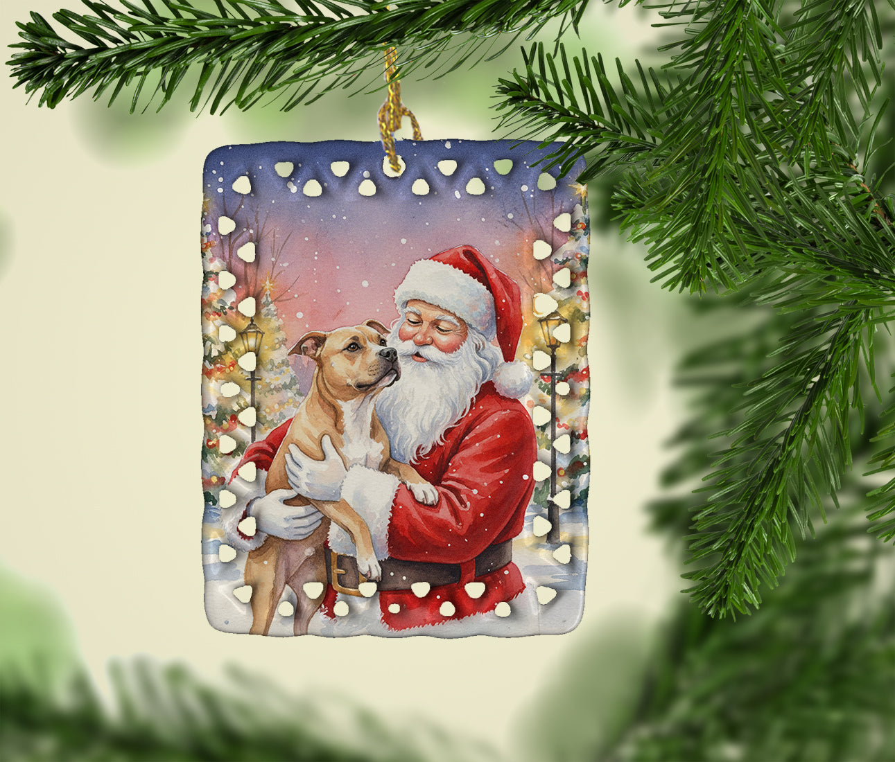 Pit Bull Terrier with Santa Claus Porcelain Ornament