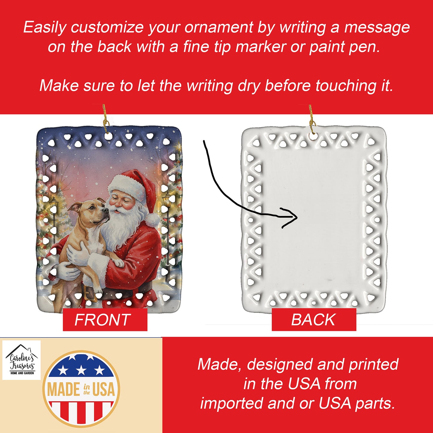 Pit Bull Terrier with Santa Claus Porcelain Ornament