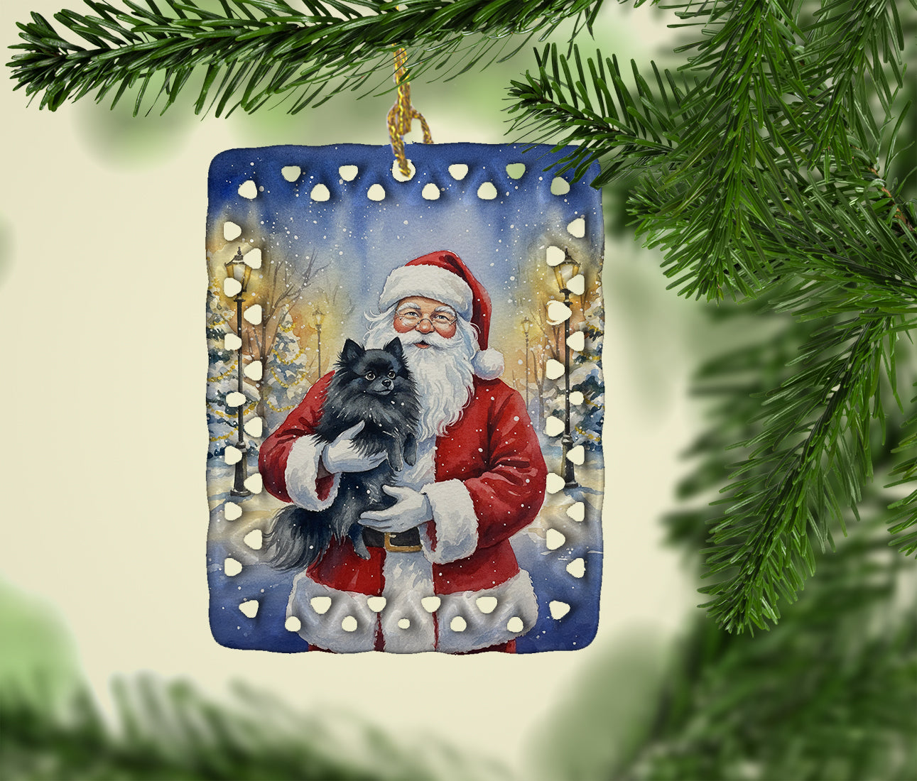 Black Pomeranian with Santa Claus Porcelain Ornament