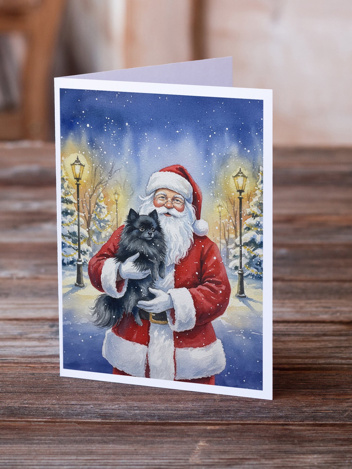 Black Pomeranian with Santa Claus Greeting Cards Pack of 8