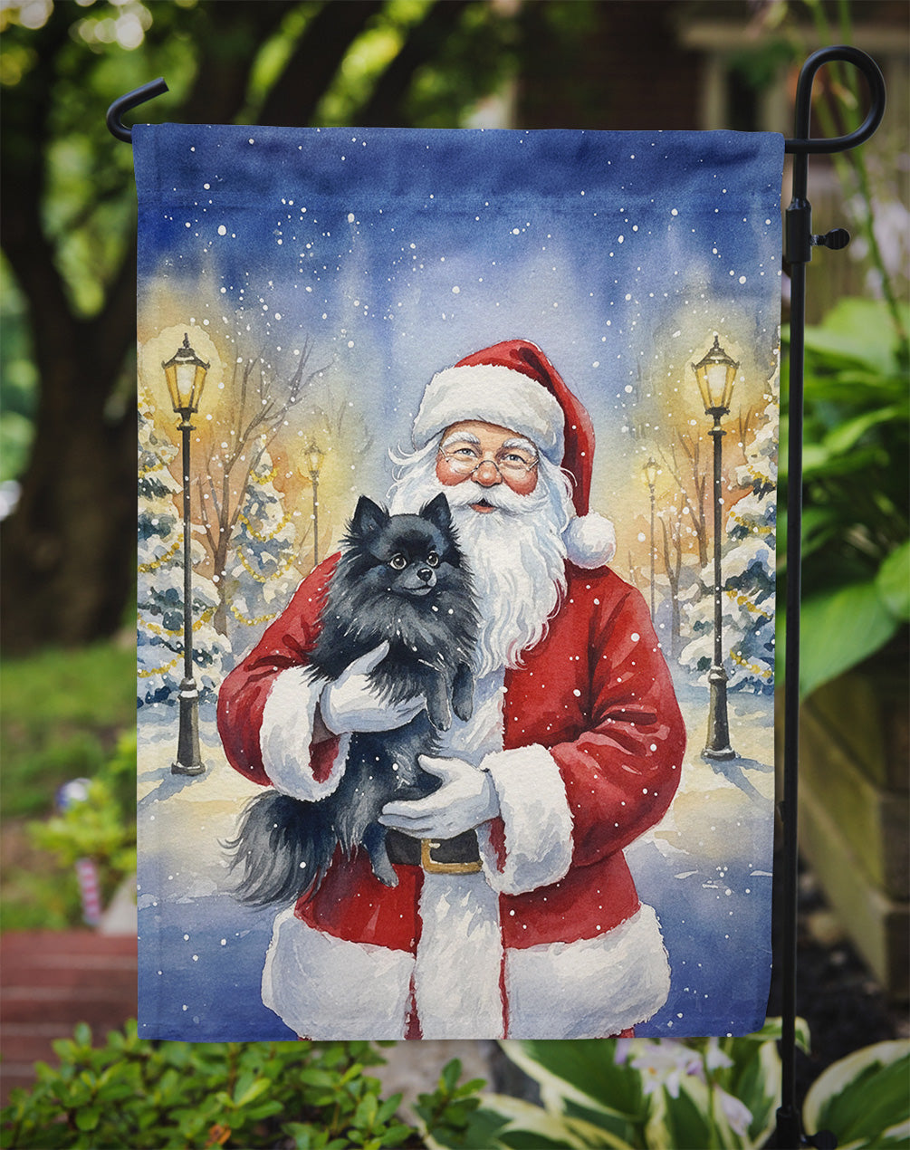 Black Pomeranian with Santa Claus Garden Flag