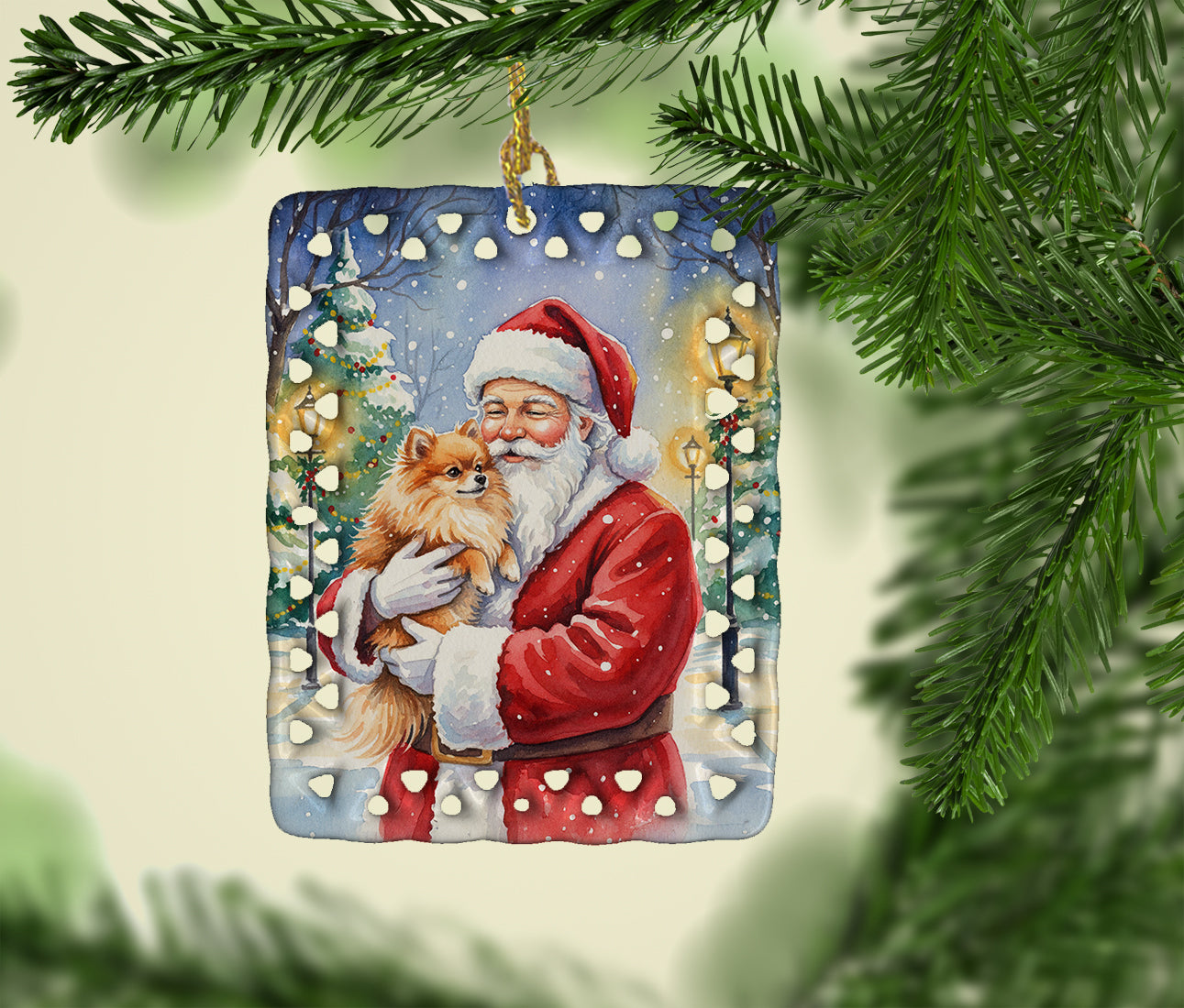 Pomeranian with Santa Claus Porcelain Ornament