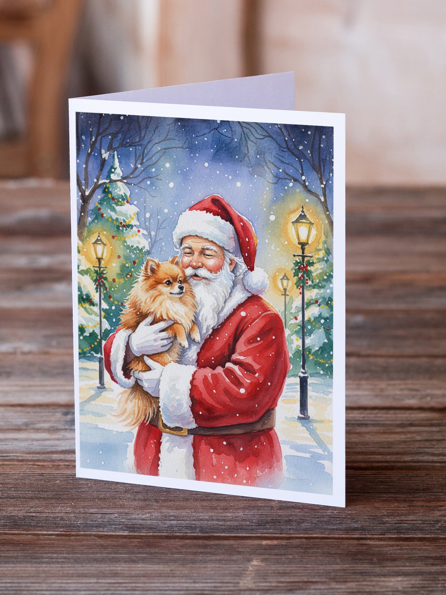 Pomeranian with Santa Claus Greeting Cards Pack of 8