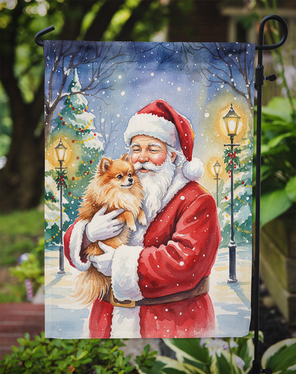 Pomeranian with Santa Claus Garden Flag