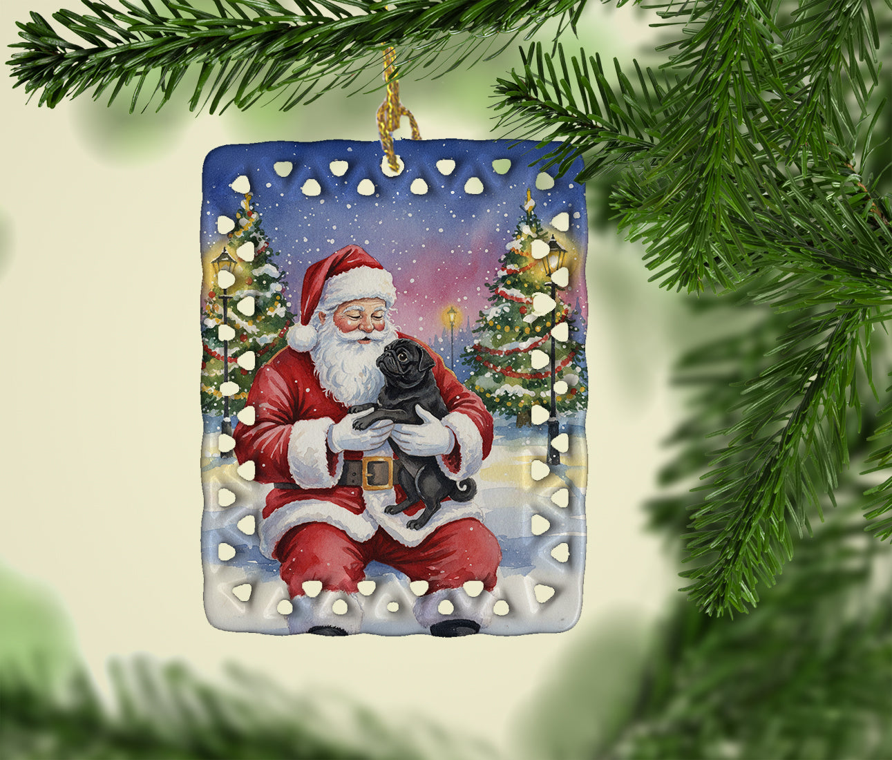 Black Pug with Santa Claus Porcelain Ornament