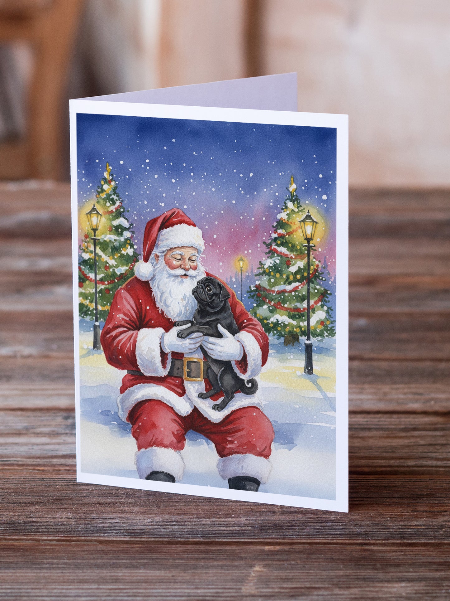 Black Pug with Santa Claus Greeting Cards Pack of 8