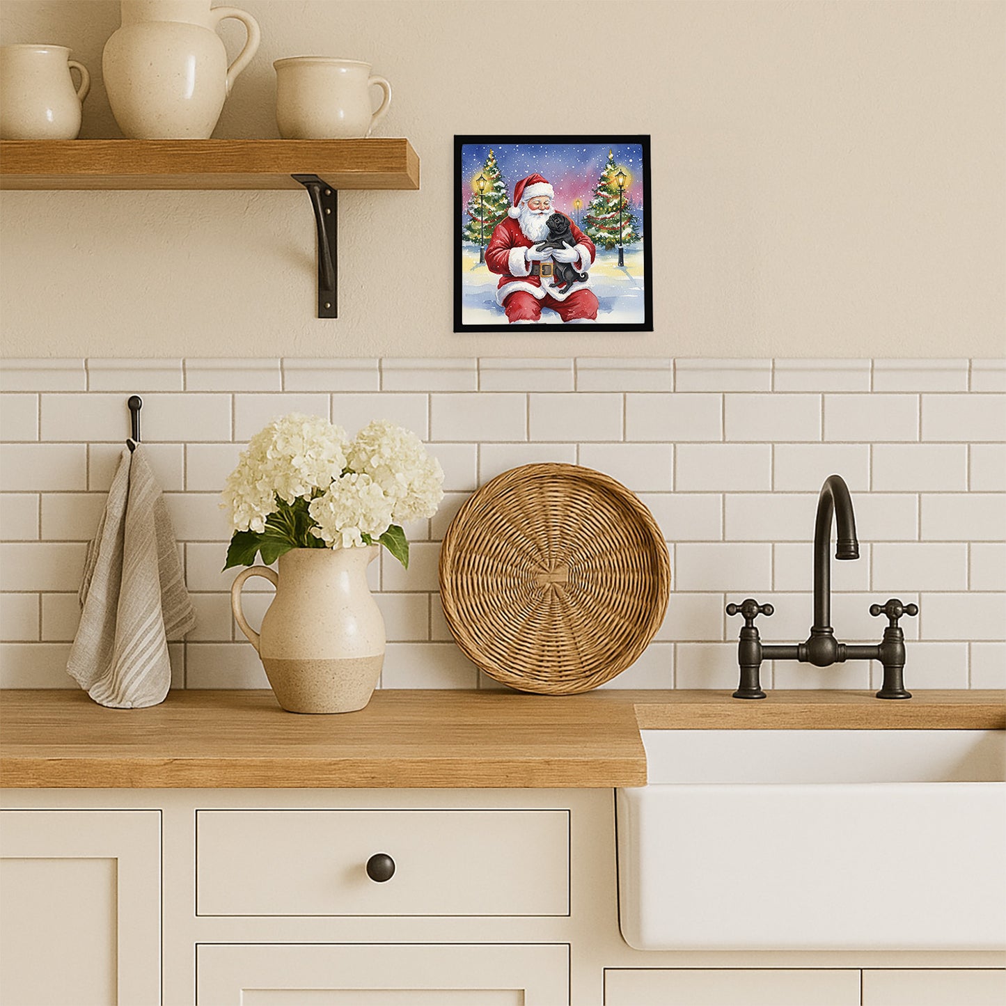 Black Pug with Santa Claus Framed Metal Print