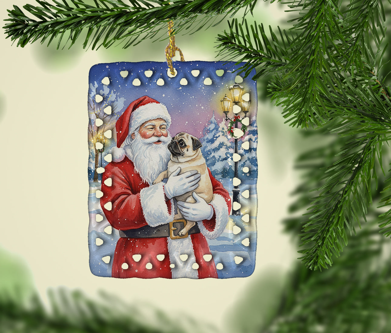 Pug with Santa Claus Porcelain Ornament