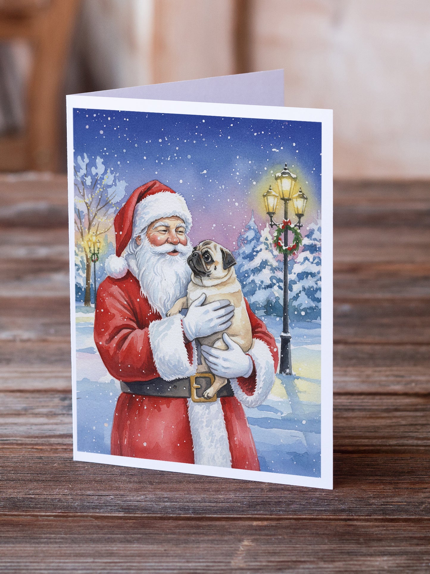 Pug with Santa Claus Greeting Cards Pack of 8