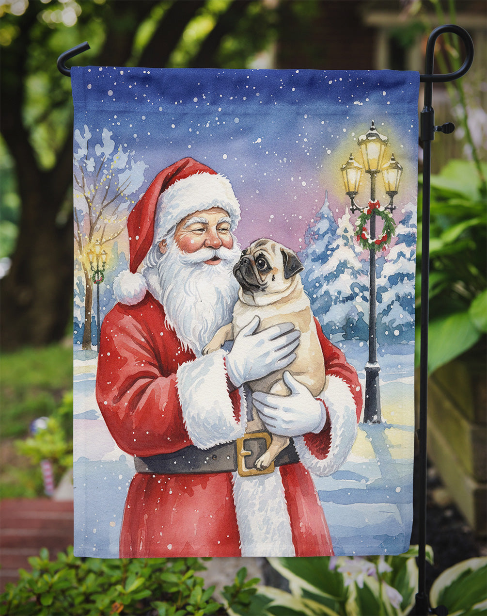 Pug with Santa Claus Garden Flag