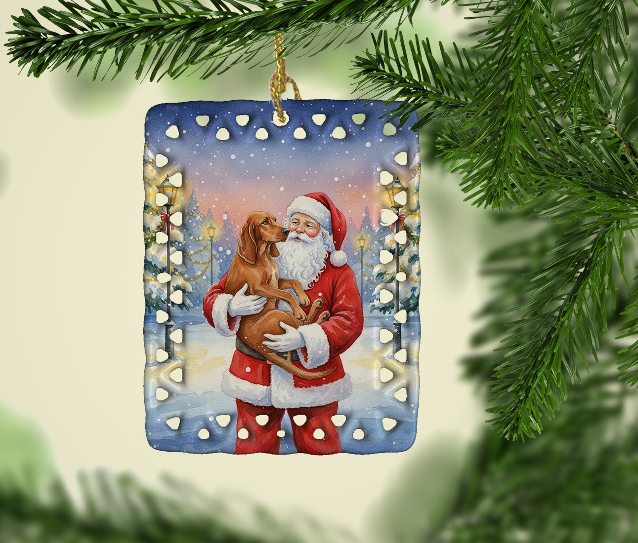 Redbone Coonhound with Santa Claus Porcelain Ornament
