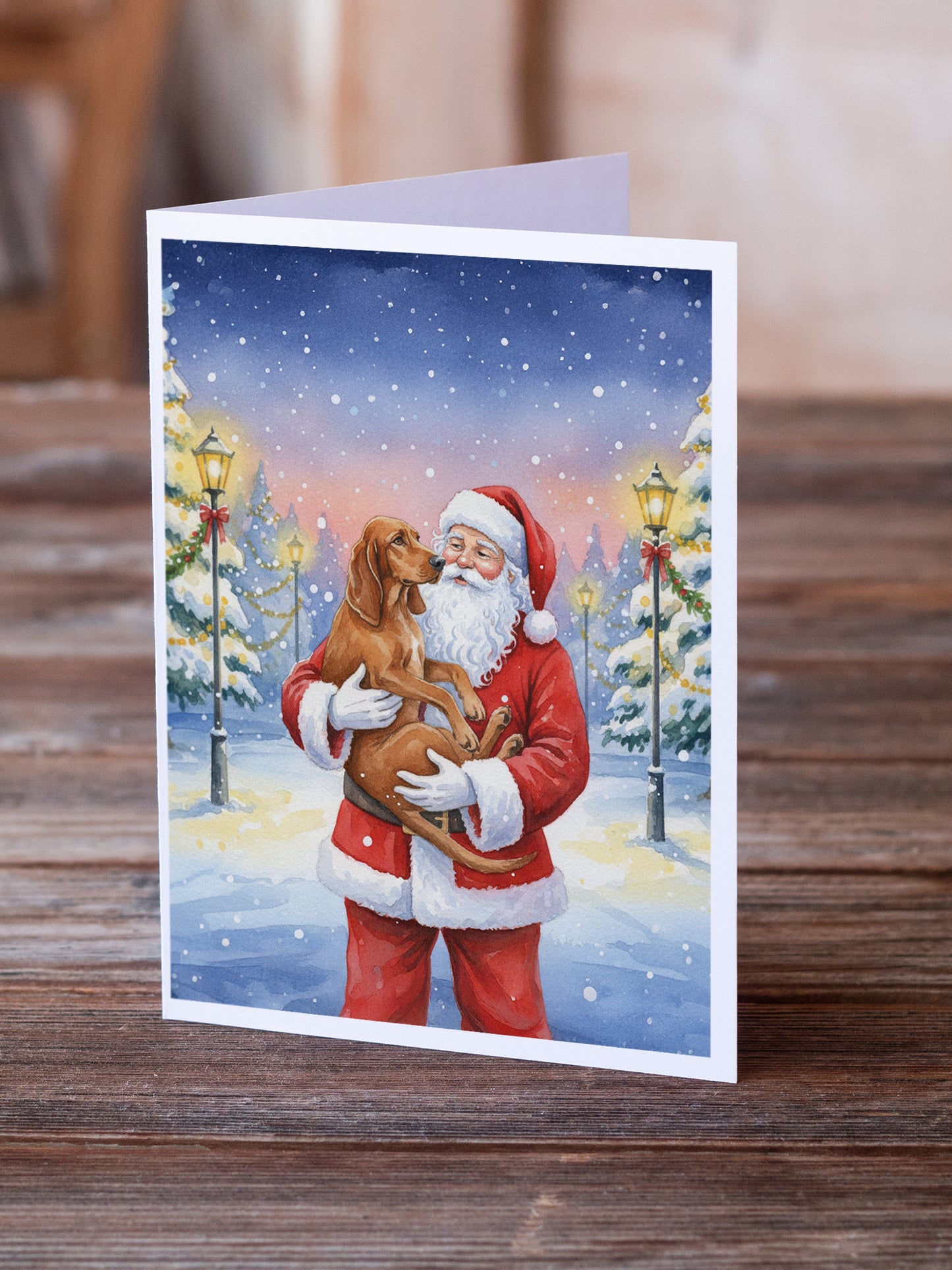 Redbone Coonhound with Santa Claus Greeting Cards Pack of 8
