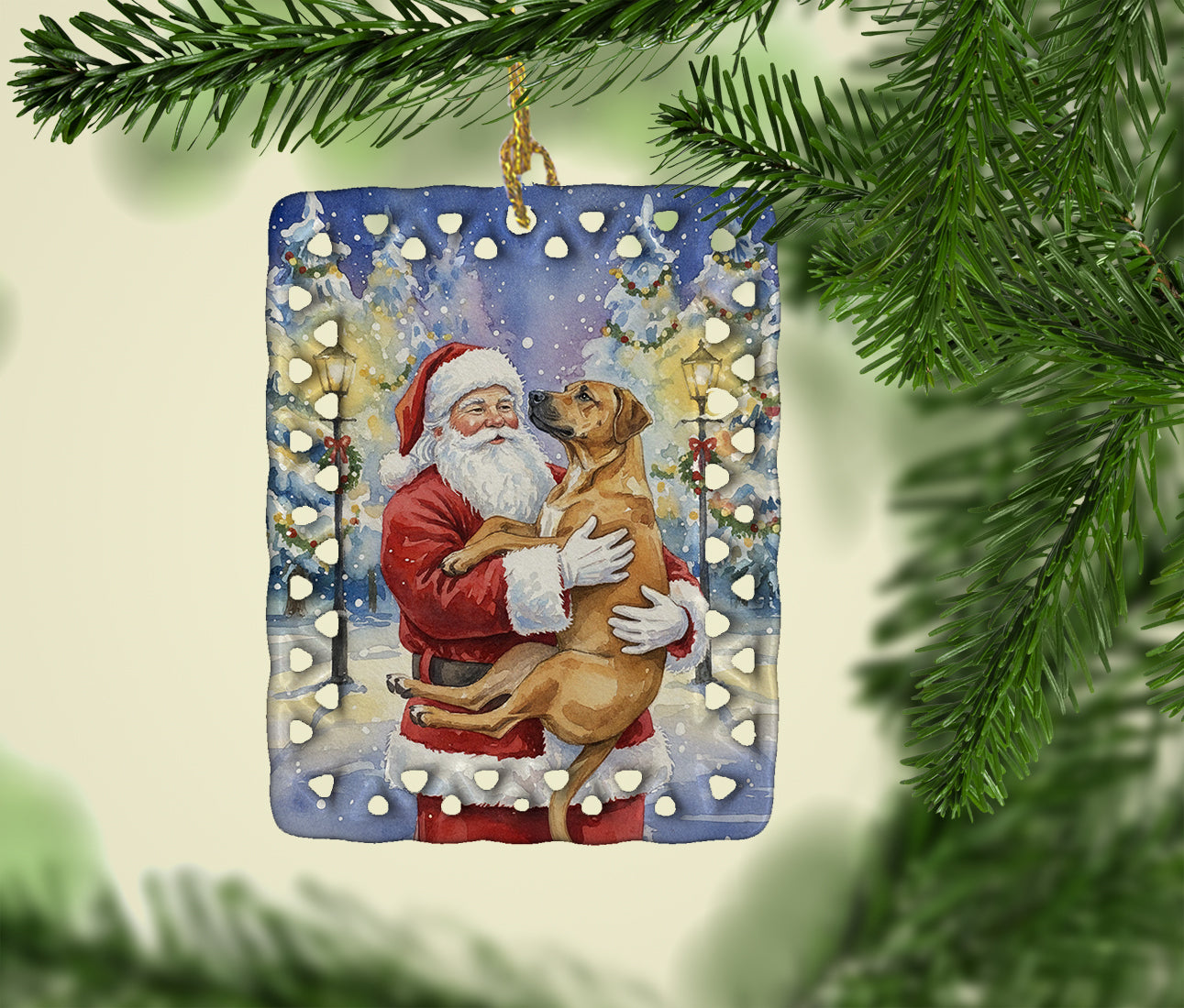 Rhodesian Ridgeback with Santa Claus Porcelain Ornament