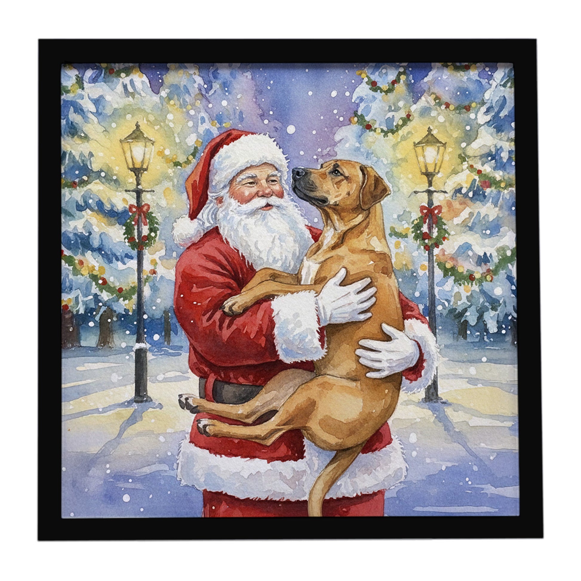 Buy this Rhodesian Ridgeback with Santa Claus Framed Metal Print