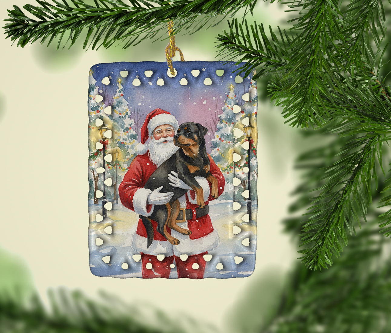 Rottweiler with Santa Claus Porcelain Ornament