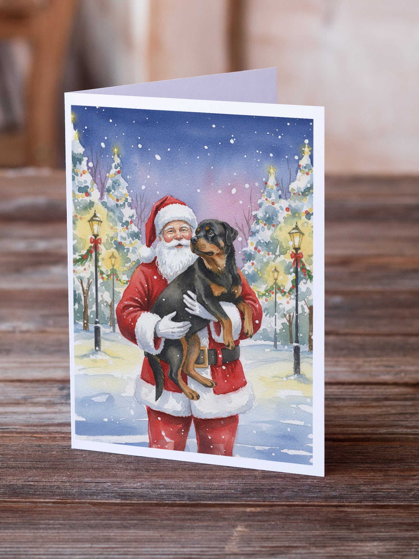Rottweiler with Santa Claus Greeting Cards Pack of 8