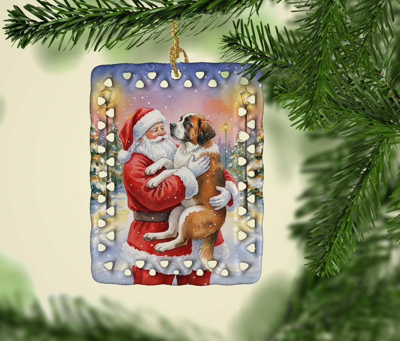 Saint Bernard with Santa Claus Porcelain Ornament