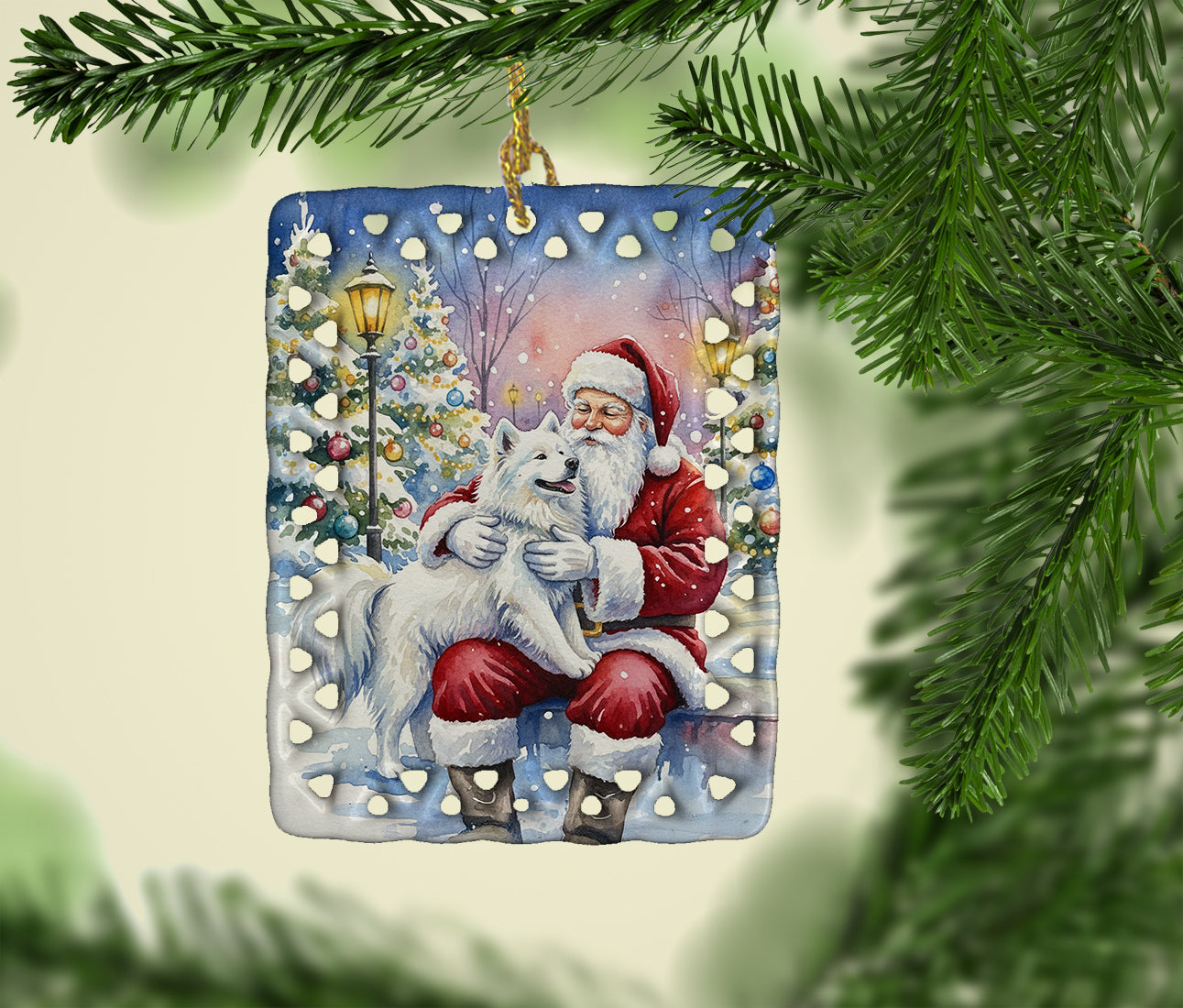 Samoyed with Santa Claus Porcelain Ornament